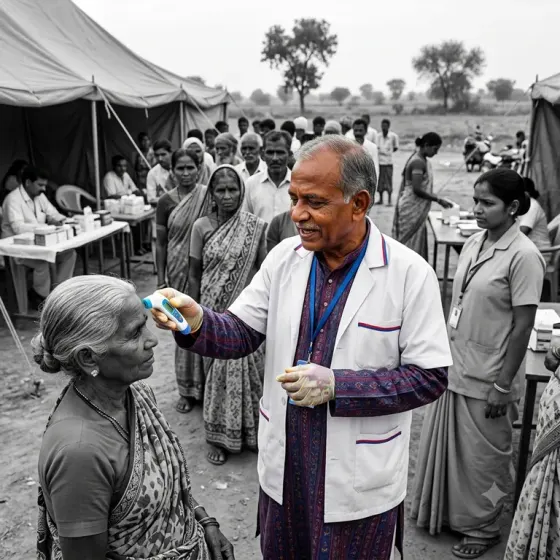 A health worker attending to villagers at a camp.