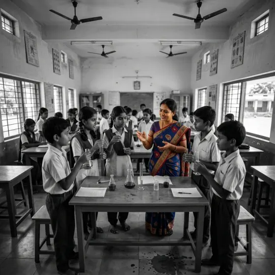 A teacher leading a practical chemistry session with schoolchildren around a laboratory bench.