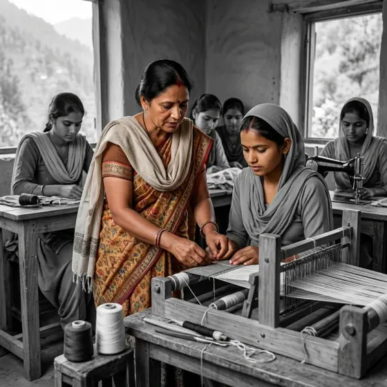 An instructor guiding a young woman at a handloom, with others working behind them.